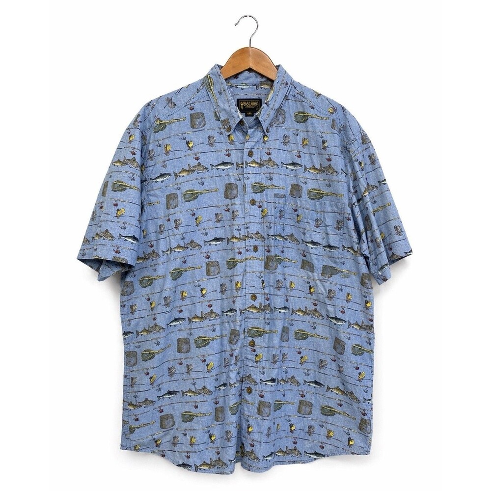 Woolrich Shirt Mens 2XL Beige Fish Stripe Lures Fishing Short Sleeve Outdoor